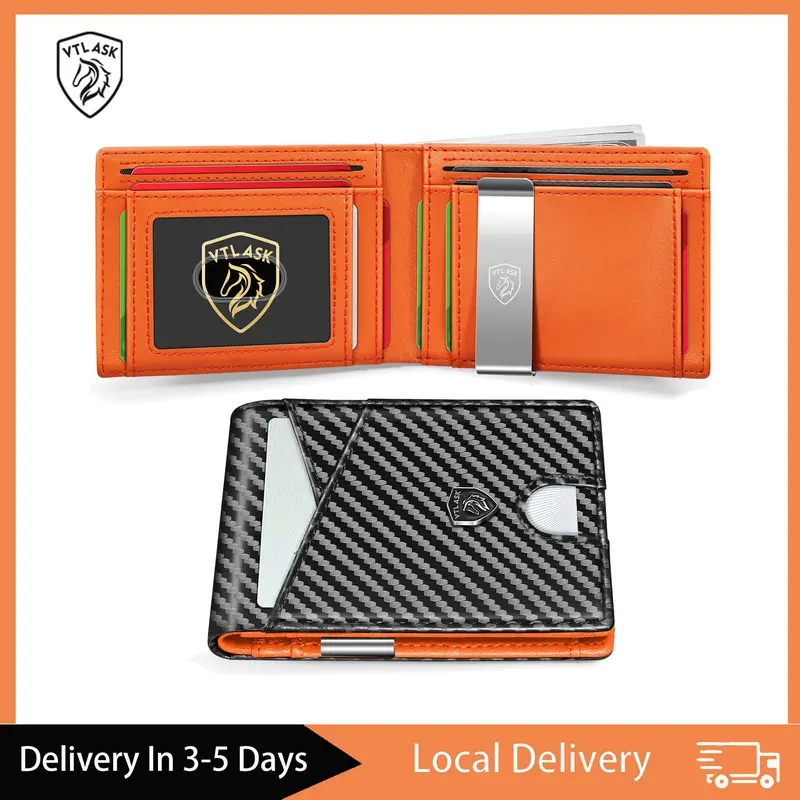 VTLASK Men's Modern Ultra-Thin Leather RFID Blocking Wallet - Double-Fold, Front/Back Pockets, Card Slots, Detachable Clip, Daily Travel, Carbon Black & Orange, Gift Box Included for Son's Birthday, Anniversaries