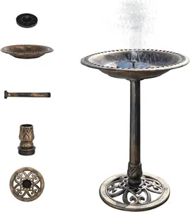 VINGLI 28 Inch Bird Bath with Solar Fountain Antique Copper Weather Resistant Resin Pedestal Birdbaths Floral Accents and Vintage Finish Garden Decor for Outdoor Lightweight Courtyard