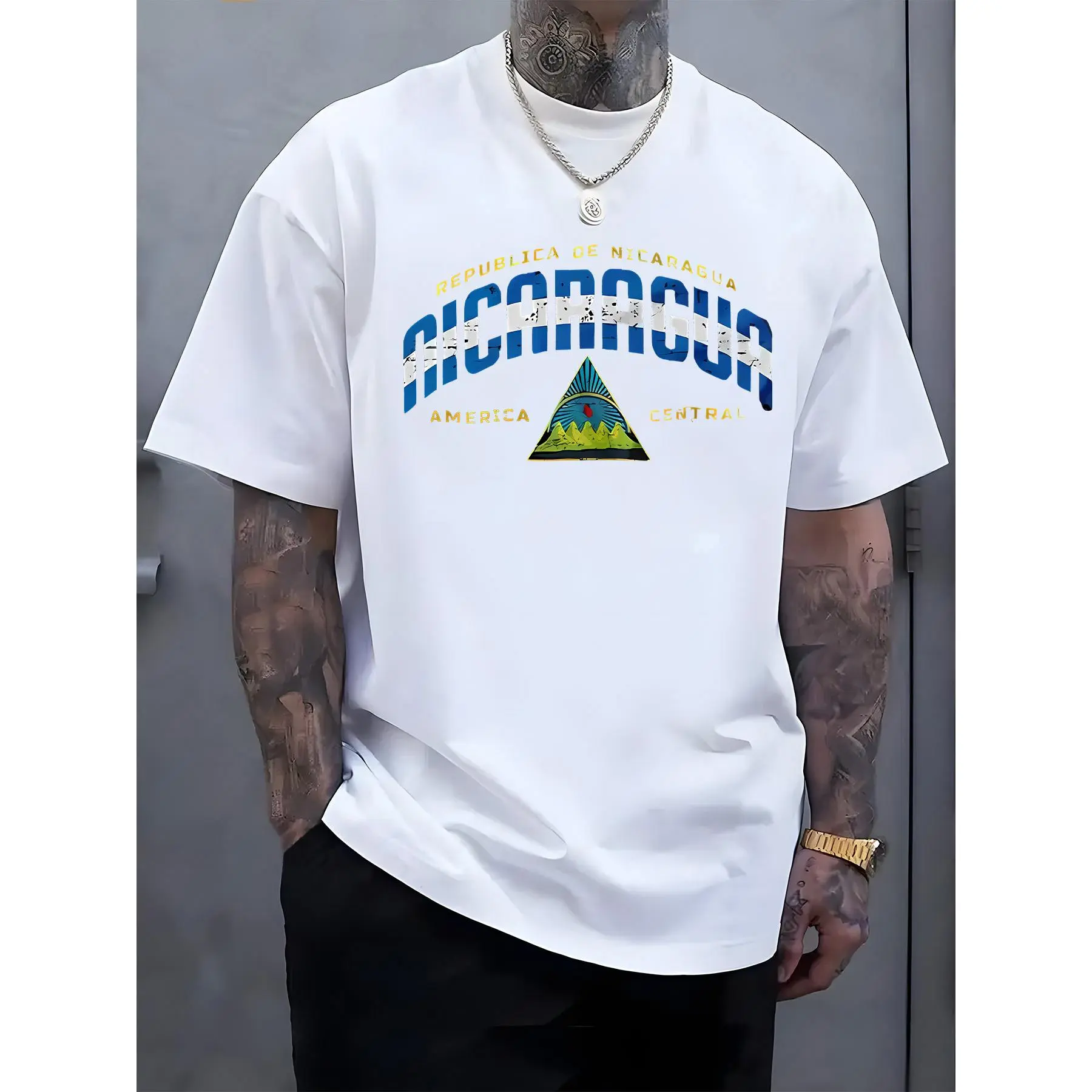 Men's Casual "Republica de Nicaragua" Graphic Menswear T-Shirt - Short Sleeve (Shortsleeve), Round Neck, Basic, Lightweight, Breathable, Comfy Undershirt, Ideal for Spring & Summer Outdoor Activities, Sports Top