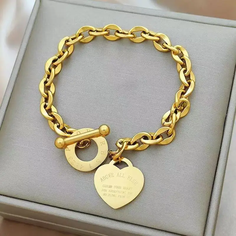 Women's Valentine Titanium Steel Heart Charms Stack Bangle - 18cm OT Buckle Bracelet, Waterproof, Hypoallergenic, Anniversary, Unisex, Birthday, Letter Hearts, Casual, Basic, Adult-Approved, Daily, Female, 8.5G