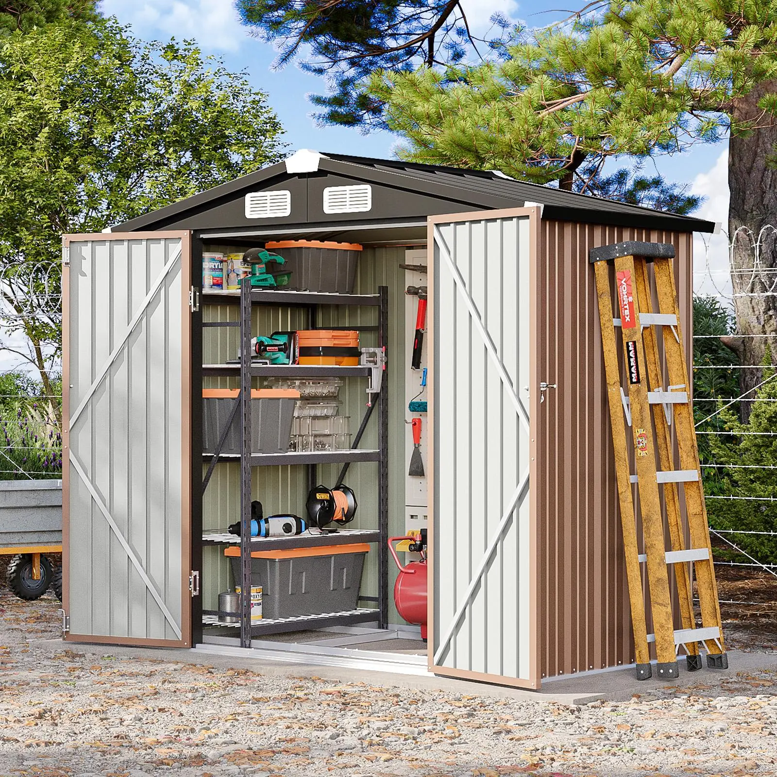 Aoxun Metal Outdoor Storage Shed - Sloping Roof, Lockable Door, Weather-Resistant Sturdy Practical Patio Backyard Organizer with Installation Videos, Single Unit for Tools, Lawn Care Equipment & Accessories, Storage Organization, Protects Lawn Gear