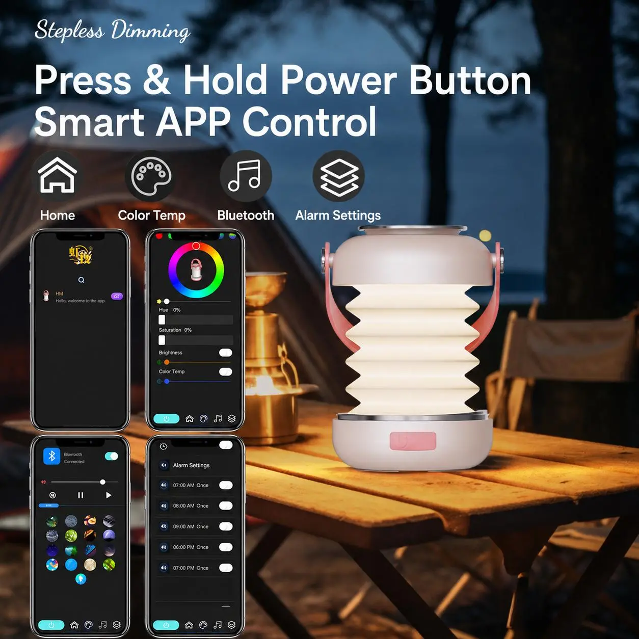 Portable RGB Camping Lantern with Bluetooth Music & App Control - Stepless Dimming, Foldable Design, Color Changing Light, Compact & Easy to Carry for Outdoors, Camping, and Parties