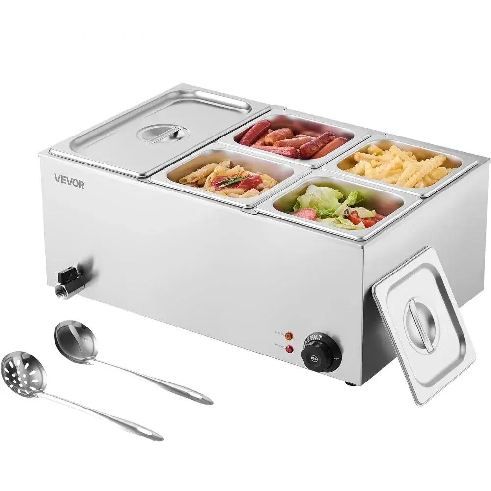 VEVOR Corded 24QT Capacity Stainless Steel Commercial Electric Food Warmer, 1200W Fast Warm Countertop Steam Table Bain Marie with 86-185°F Temp Control, 6Pan Buffet Ready Multi-Pans for Restaurant Use