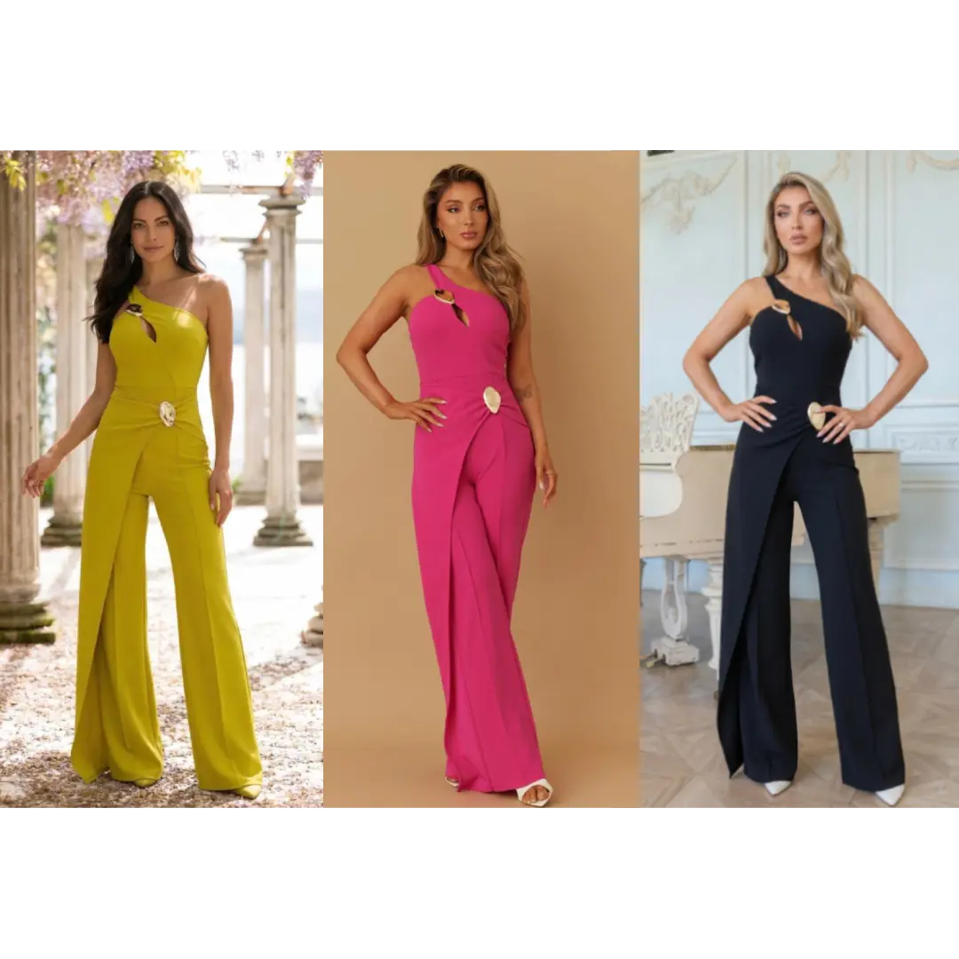 ONE STRAP SHOULDER CROSS WRAP JUMPSUIT - MINI SLIT ON SIDE TOP - ADJUSTABLE SINGLE STRAP - FLAT STONE DETAIL ON TOP AND WAIST - OPEN HALF LAYER BOTTOM - ZIPPER ON THE BACK