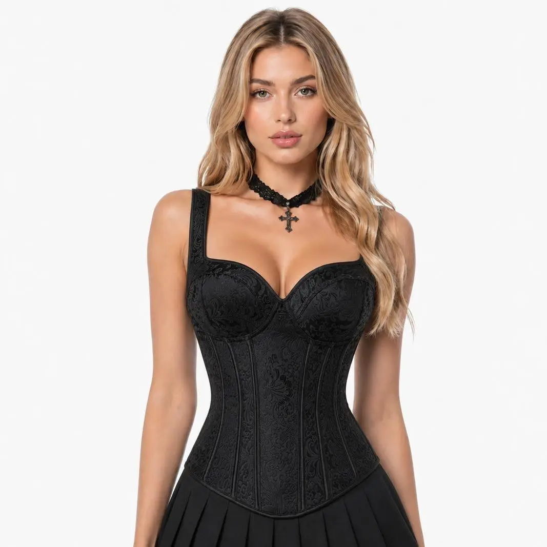 Women's Black Jacquard Bustier Corset Top - Adjustable, Chic, Elegant Polyester Shapewear with Flattering Fit, Busty Style, Waist Training, Body Contouring, Multi-Size, Aesthetic Outfit Bottoms, Womenswear 1569, Corset Tops, Shape‑Boosting Top