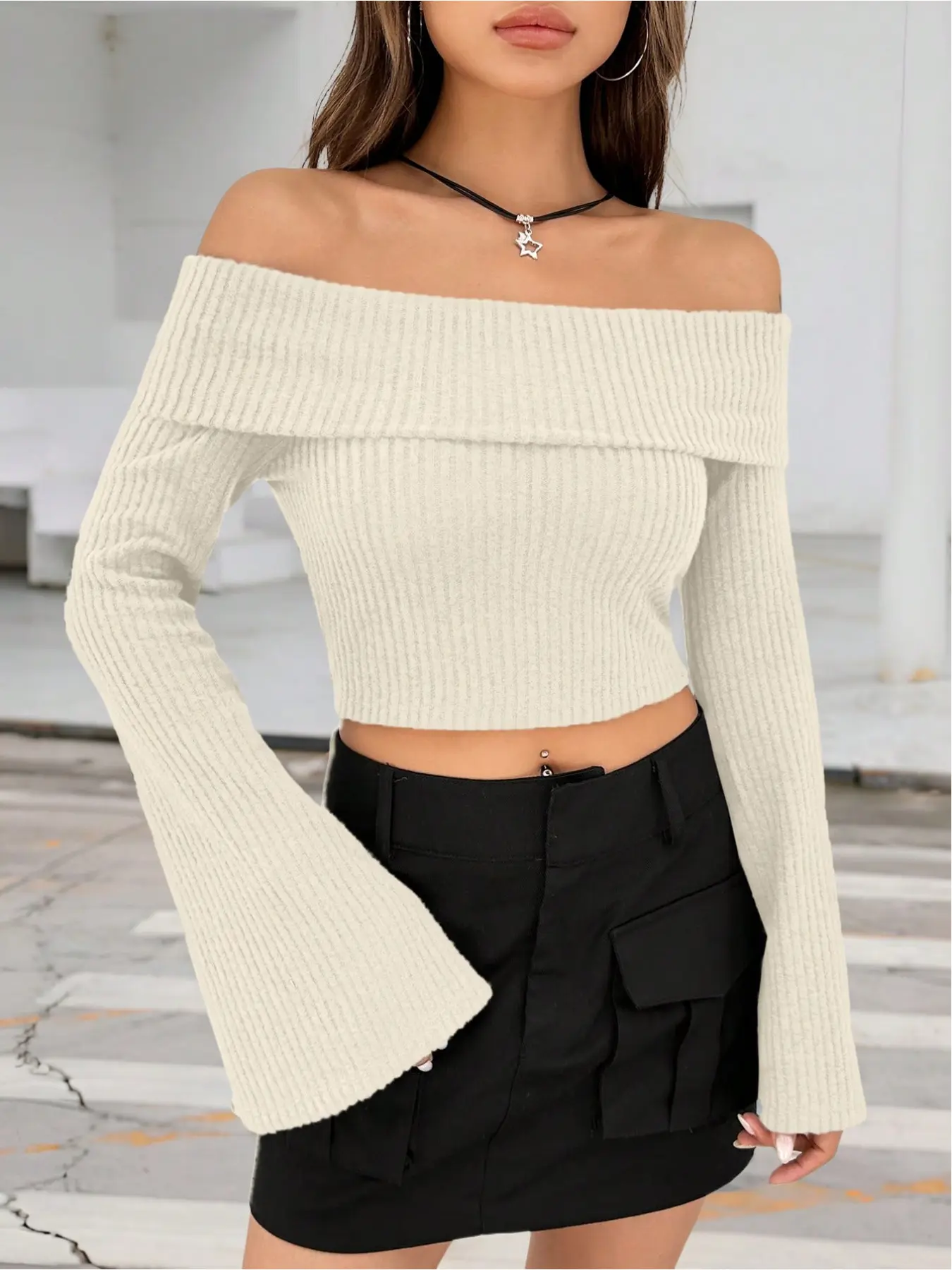 Women's Foldover Shoulder Flounce Long Sleeve T-Shirt, Soft Stretchy Top for Spring & Fall, Elegant Minimalist Wardrobe Essential