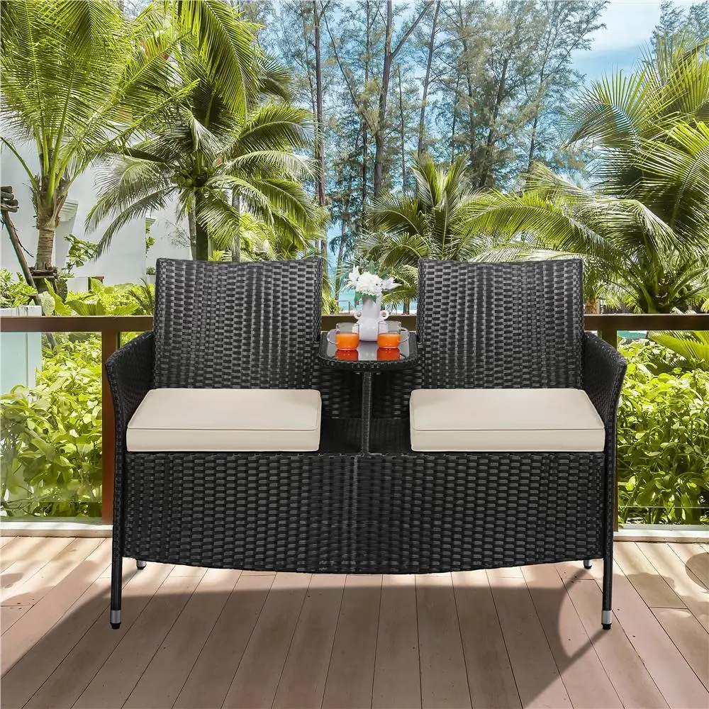 Yaheetech Patio Double Chair PE Rattan Furniture Set with Side Table for Two People Outdoor Loveseat with Removable Cushions & 1 Tempered Glass Side Table