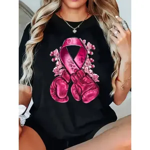 [100% Cotton] Women'S Breast Cancer Awareness T-Shirt - Pink Ribbon Floral Boxing Glove Graphic, Soft Breathable Fabric Crew Neck Casual Top, Comfortable For Spring Summer Fall, Series, Breast Cancer T Shirt Spring Su Golf Gift T-Shirt  shirts men