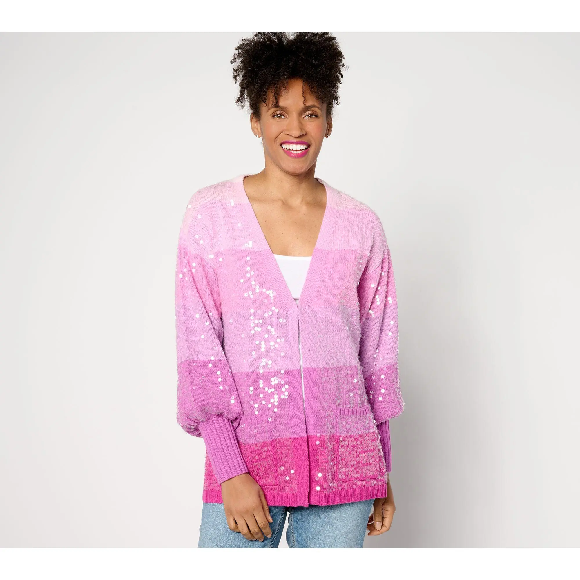 Isaac Mizrahi Live! Petite Multistripe Blouson Cardi with Paillettes