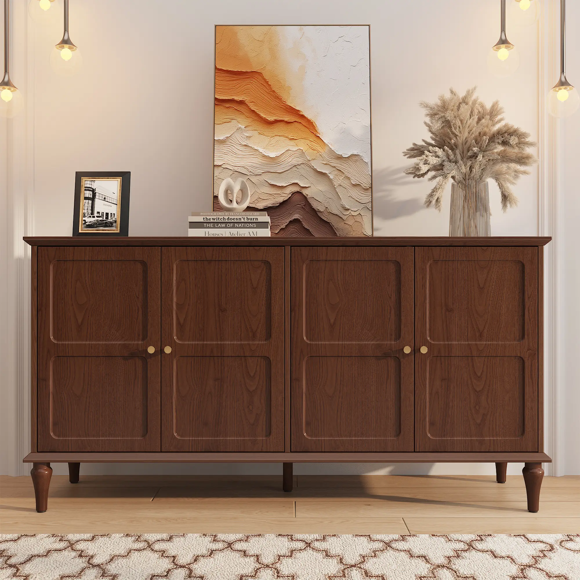 [summerwins] HLR Mid-Century Modern Sideboard Buffet Cabinet, Walnut Wood 4-Door Storage Credenza, Large Capacity, Farmhouse Home Furniture, Entryway Living Room Dining Room, Scratch-Resistant Surface, Hidden Storage Organizer,summerwins