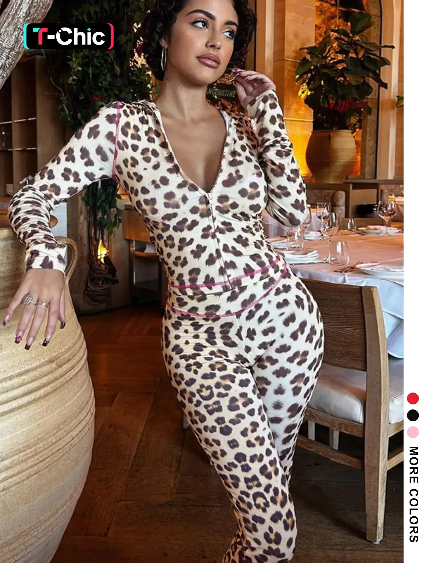 Women's Leopard Print Zipper Crop Top and Pants Two-Piece Set, Stretchy Long Sleeve Trousers Outfit for Spring and Fall Casual Daily Wear Clothes