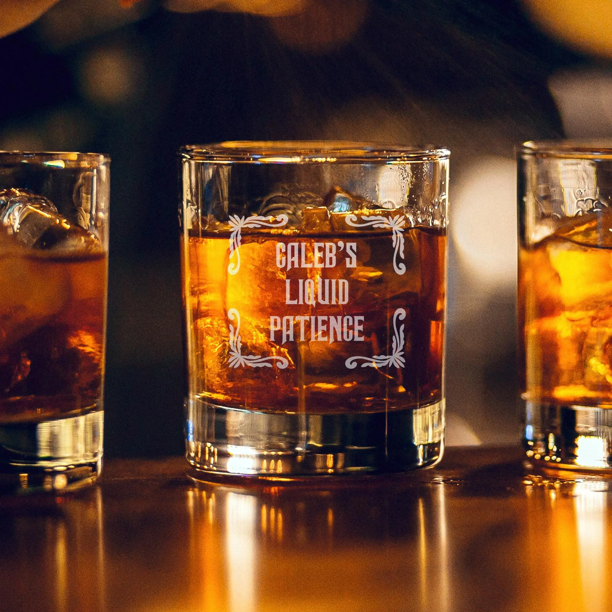 Personalized Whiskey Glass | Liquid Patience Design | Custom Engraved Rocks Glass