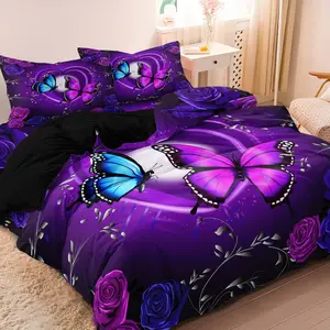 3pcs Set Purple; Butterfly & Rose Print Bedding Set, 1 Duvet Cover & 2 Pillowcase without Filler, Soft Comfortable Bedding Set for Bedroom, Guest Room, Soft Bedding Sets