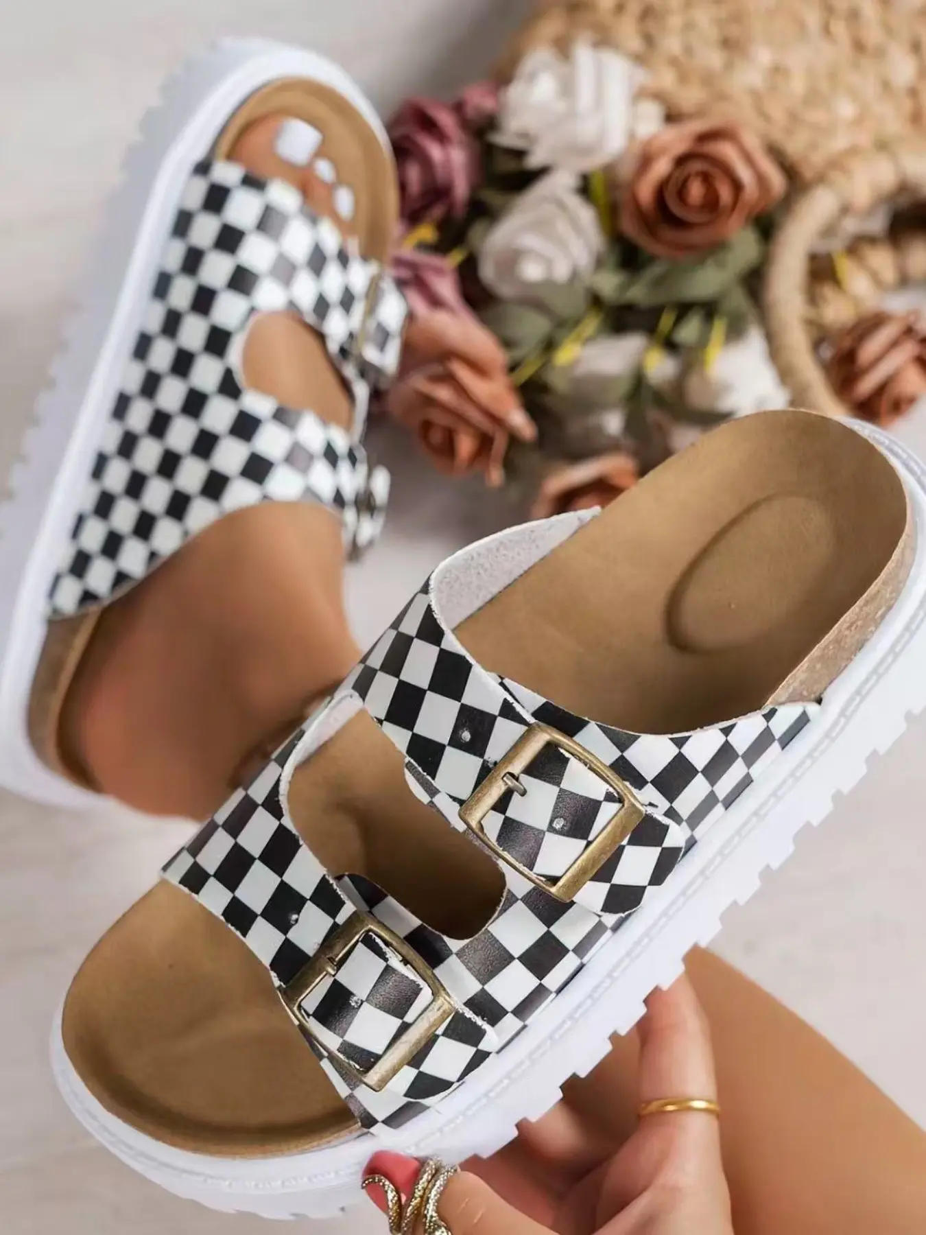 Trendy Cork Sole Sandals, Casual Summer Sandals, Women's Plaid Dual Strap Design, Versatile Outdoor Wear, Daily Casual Fashion Footwear, Stylish and Comfortable