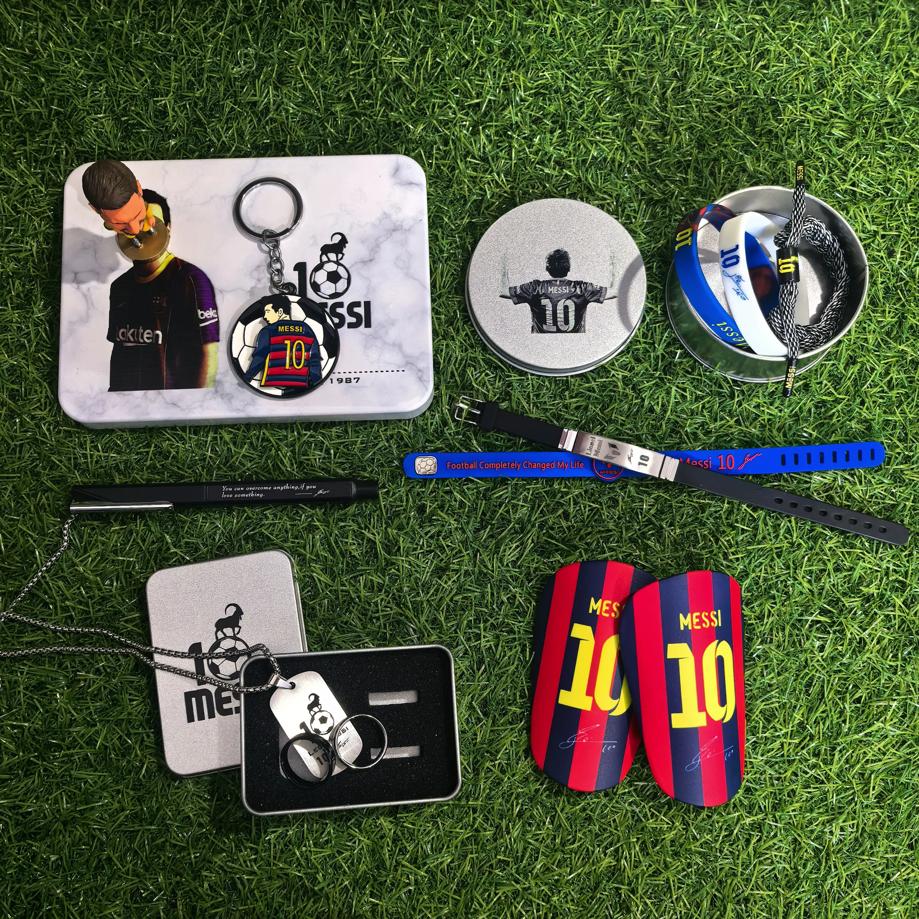 Goat Soccer #10 Fan Gift Box, Cartoon Merchandise Set for Kids, Includes Cute Keychain,  Necklace, Rings, Wristbands & Mini Shin Guards, Keychain Attachment, Pen