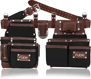 FUERI 17 Pocket Leather Tool Belt with Suspenders,Comes with Padded Belt, Big Pouches, Hammer Holder,Suspender loops and Leather Suspender, Ideal for Construction Workers, Carpenters and Electrician.