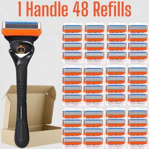 Men's Shaving Razor Set, 1 Handle & 12/24/36/48 Refills, Sharp Portable Design, Daily Care, Sealed Packaging, Dustproof Waterproof Rust-Proof