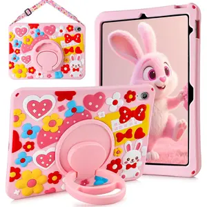 for iPad (A16) 11th Generation Case 11 Inch 2025/for iPad 10th Generation Case 10.9 Inch 2022 Tablet Cover with Shoulder Strap & Rotating Stand Cute Cartoon 3D Silicone Cases for Girls Pink