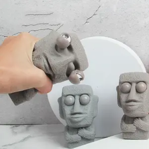Grey Ultra-Soft TPR Stone Man Squishies, Moai-Shaped Fidget Stress Relief Toy with Rebound Eyes, Expressive Sensory Fidgets Squishies for Kids & Desk Relaxation