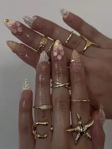DIY 24 Piece Beach Pearls Sea Shell Some 3D Yellow Flower Press on Nails Fake False Acrylic Nails