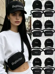2pcs Set Unisex Design Zodiac Print Baseball Cap & Fanny Pack Set, Trendy Streetwear Pair,  For Zodiac Fan Gatherings/Urban Outings/Girls' Shopping/Trendy Shop Visits/Daily Commutes