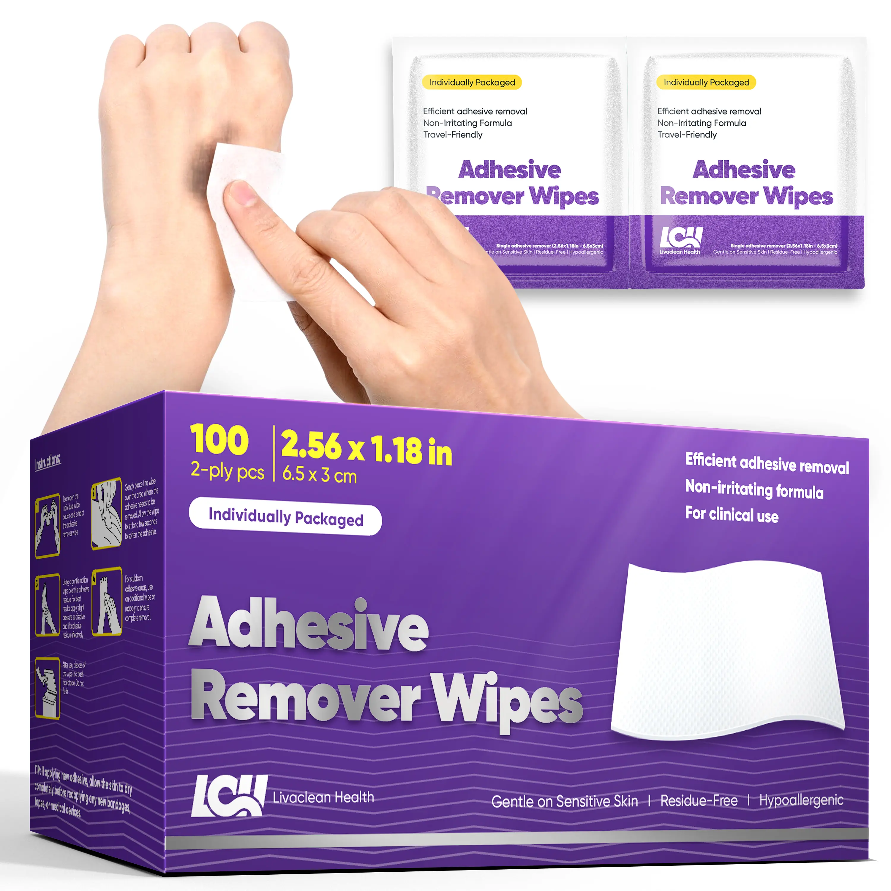 100 CT Adhesive Remover Wipes – Strong & Effective Skin Adhesive Remover – 2 Ply 2.56x1.18in (6.5x3cm) – Medical Adhesive Remover for Bandage, Tape, Dressings, and Ostomy Residue Gentle