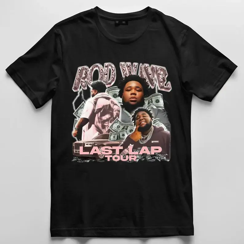 Men's Rod Wave Last Lap Tour 2026 T-Shirt - Short Sleeve, Round Neck, Loose Casual Streetwear Top, Black with White Text Graphics for Concerts, Menswear, Shortsleeve, Round Scoop Men's Short-Sleeve T-Shirts, 1–2Cm Flat Measure, Loose Street Fit