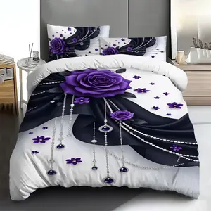 Three-piece bedding set - 2pcs/3pcs 2D Flat purple rose black silk draped pattern duvet cover set (1 duvet cover + 1/2 pillowcases, no insert), multi-color printed bedding set, soft and comfortable, suitable for family bedrooms and guest rooms.