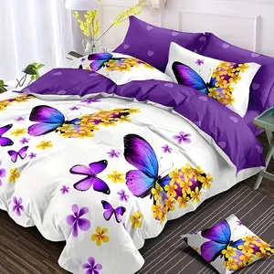 Spring Bedding Set 3-Piece, Fashionable Fresh Butterfly Design, Butterfly Pattern, Soft Comfortable Breathable, Includes 1 Fitted Sheet and 2 Pillowcases, Breathable Duvet Set, Bedroom Bedding Set