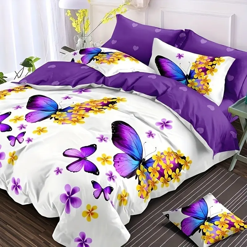 Spring Bedding Set 3-Piece, Fashionable Fresh Butterfly Design, Butterfly Pattern, Soft Comfortable Breathable, Includes 1 Fitted Sheet and 2 Pillowcases, Decorative Bedding Set, Breathable Duvet Set, Bedroom Bedding Set