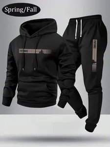 Men's spring and autumn thin letter coconut tree print pattern hoodie sweatshirt and pants set, stylish casual men's pocket street sports elastic waist drawstring trousers two-piece set, suitable for cool weather in spring and autumn, a gift for husband o