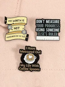 3pcs/set Positive Quote Enamel Pins, Flower Brooch Clip, Anti Body Anxiety Phrase My Worth is Not Measured By My Size Feminism Alloy Brooches Lapel Backpack Badge Jewelry Accessories Gifts for Friends