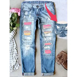 Women's patch torn mid waist boyfriend slim fit washed cute printed loose denim jeans elastic waistband breathable and comfortable, suitable for all seasonsRAIMENTRY