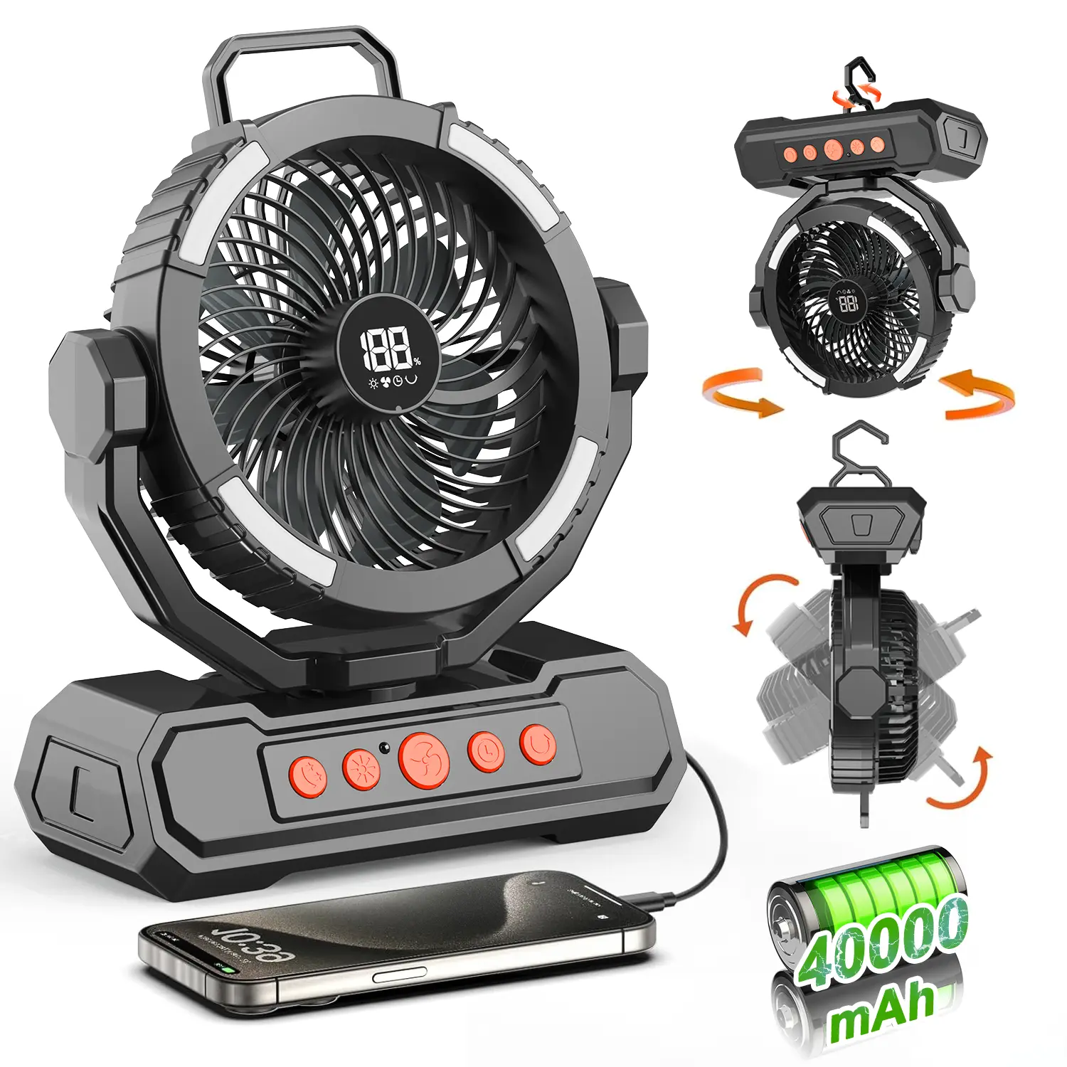 40000mAh Battery Camping Fan, Portable Tent Fan with Remote, LED Light, 6 Speed, Timer, Auto Oscillation, Digital Display Wireless Personal Fan