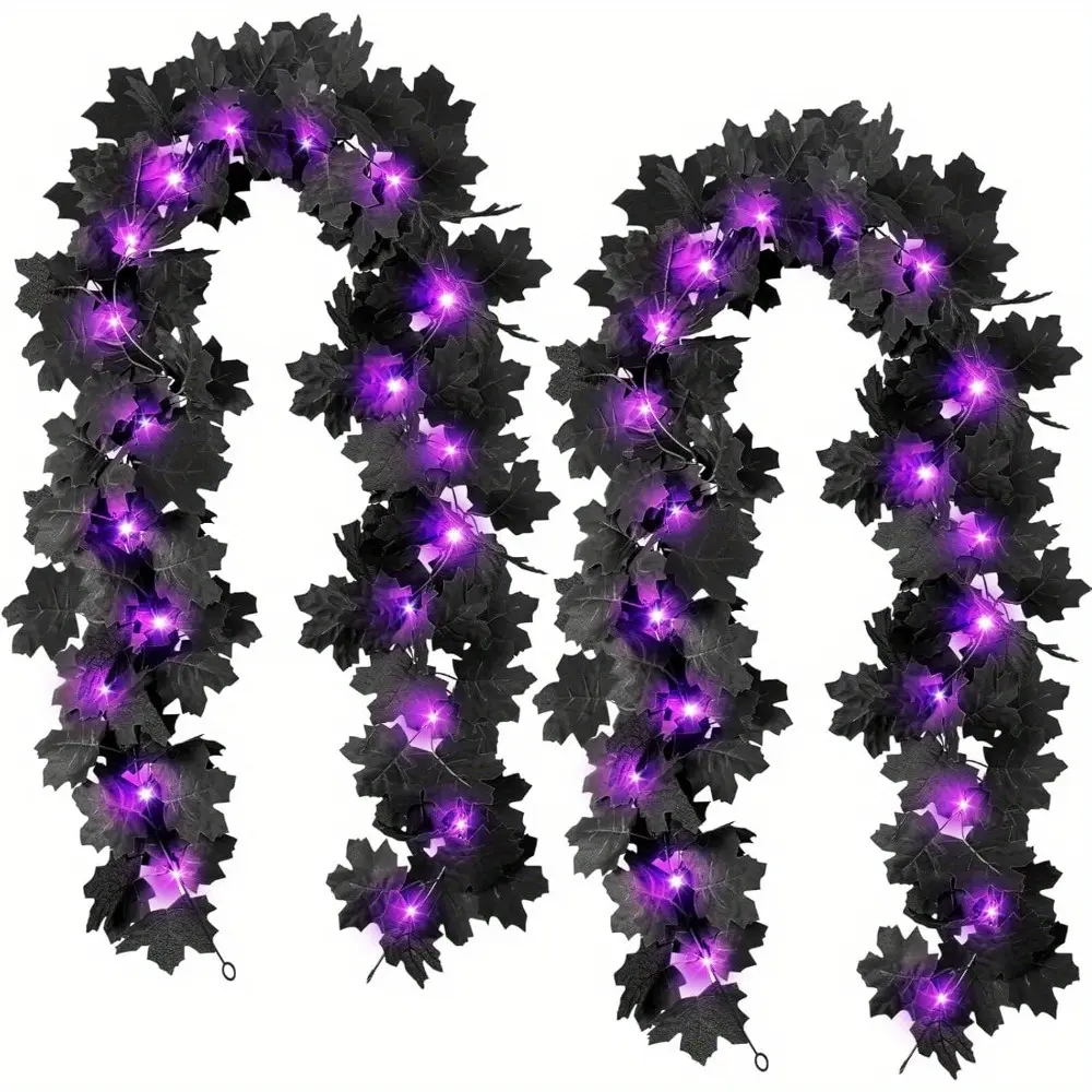 2pcs Black Leaf Garland with Purple Lights, 5.9Ft Black Vines Maple Leaf Halloween Artificial Hanging Fall Leave Vines with 20 LED, Fall Floral Garlands Thanksgiving Decor for Home Wedding Party Fireplace Stairs Hanging Decor