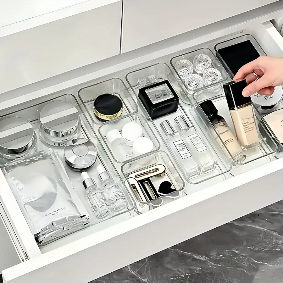 Clear Drawer Adjustable Organizer Set,4/8pcs Transparent Mixed Size Multifunctional Storage Tray, Cosmetic Storage Makeup Organizer, Cosmetic Organizers, Cosmetic Organiser, Beauty Organizer, Sundries Storage Container for Home Office School Dormitory