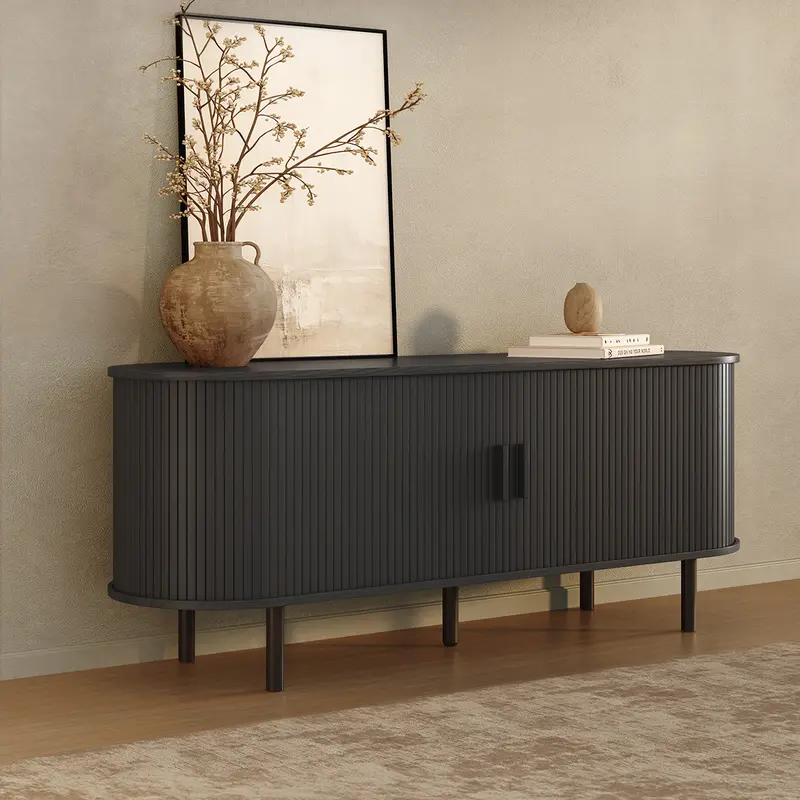 【Sliding Doors Design】ONBRILL 55"/63"/71"/86" Gorgeous Fluted TV Stand for TVs up to 60/70 Inch, Modern Entertainment Center with Power Outlet & Adjustable Shelves Storage for Living Room, Media Console,Bedroom Furniture,Christmas Gift【Black Friday】