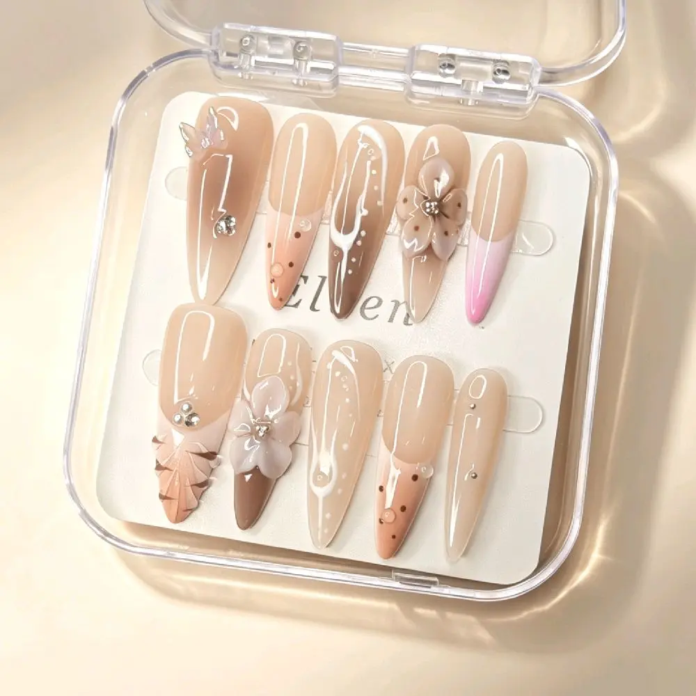 Handmade Nude Press On Nails - Sheer Base with 3D Flowers, Hand-Painted Lines & Ombre Accent, Long Stiletto Reusable Fake Nails, Salon Quality