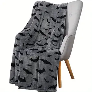 Halloween Throw Blanket Black Bats on Gray Flannel Extra Large 70x50 Soft Flannel Anti-Pilling Blanket for Sofa Bed Couch 280GSM Machine Washable Cozy Fall Decor