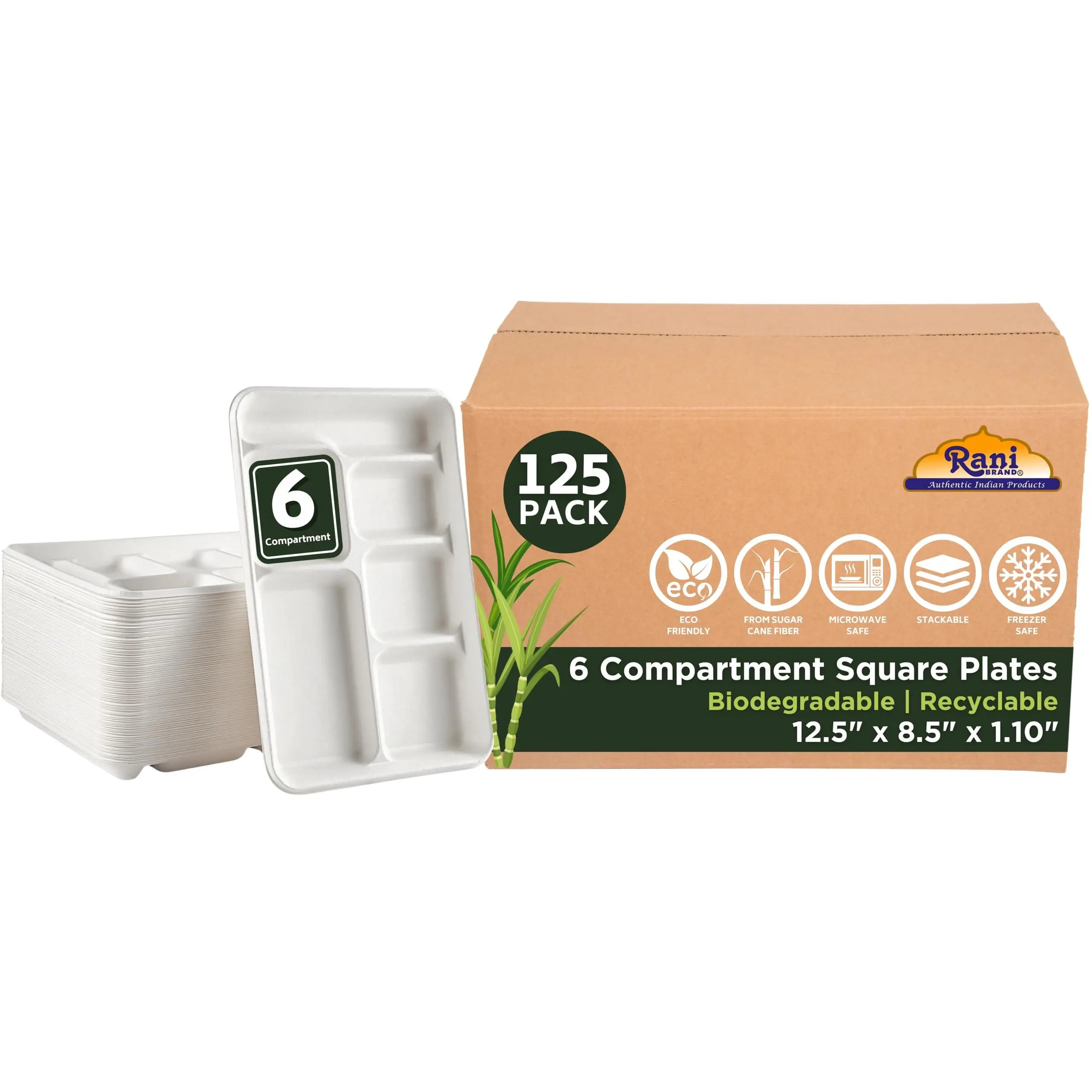Rani 6 Compartment Square Biodegradable Divided Plates, Pack of 125 ~ Party, Thali, Buffet | Disposable & Eco-Friendly | Heavy-Duty Sturdy Paper Bagasse | Premium Quality | 12.5" x 8.5" x 1.10"