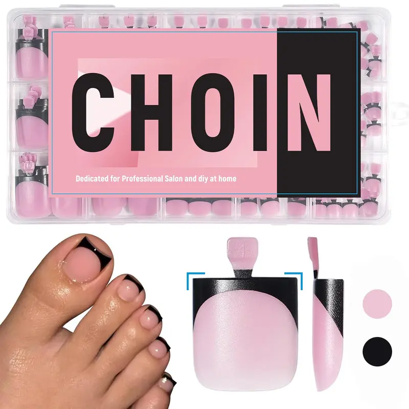 Black French Tips Toe Press On Nails, 150pcs Square Pre-Designed Soft Gel Thick False Toenail Extension, Berry Pink Full Cover Acrylic for DIY 15 Sizes