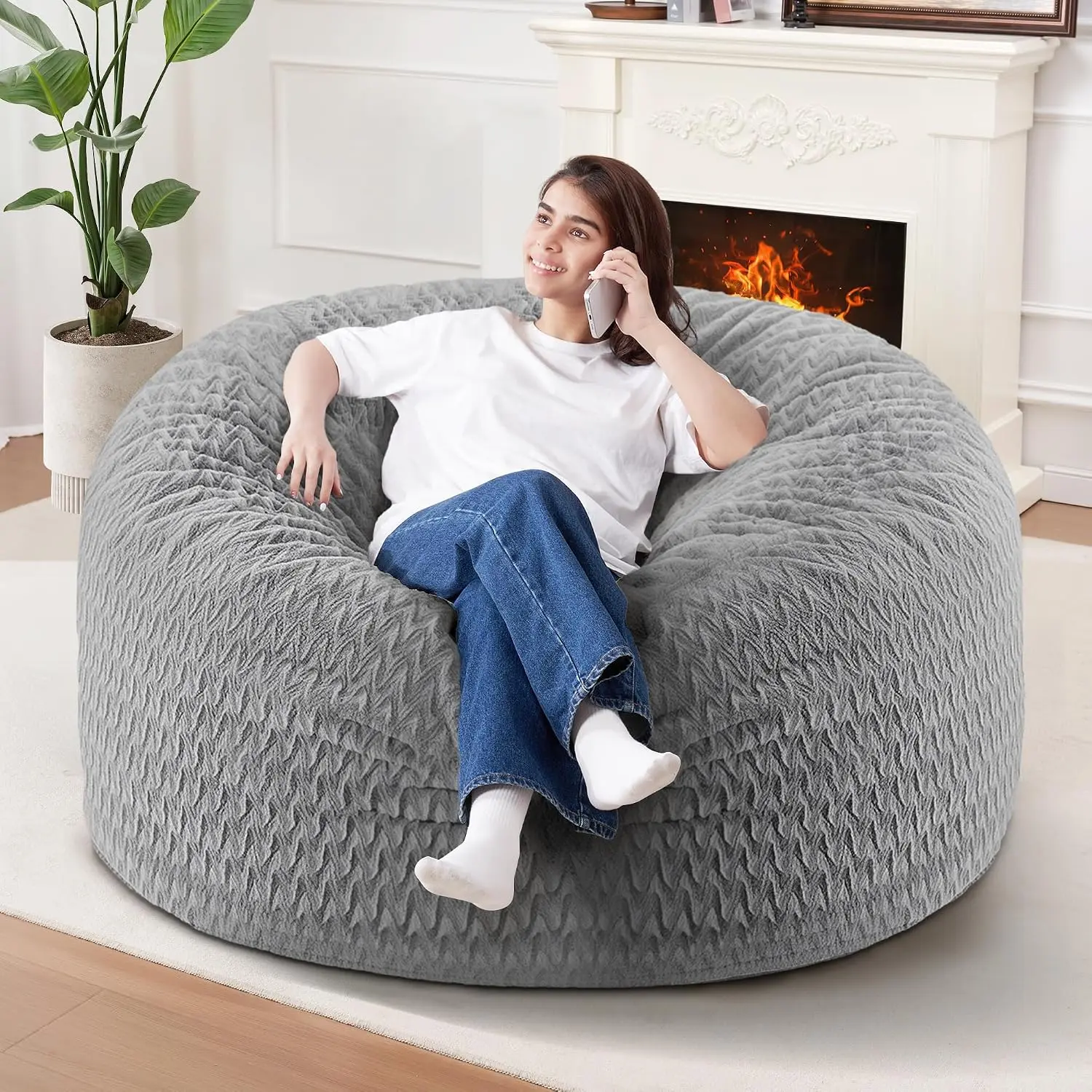 3FT Bean Bag Chair,Giant Bean Bag Chairs for Adults,Big Bean Bags with Memory Foam Filled, Large Beanbag Chairs with Chevron Plush Cover-Grey