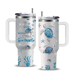 1pc Turtle Mug, Gift for Women with Turtles, Jewelry Turtle Gifts, Turtle Enthusiast Gifts, Turtle Coffee Mug, Turtle Stainless Steel Cup 40oz, with Handle and Lid, Sports Cup with Turtle Pattern, Outdoor Travel Cup