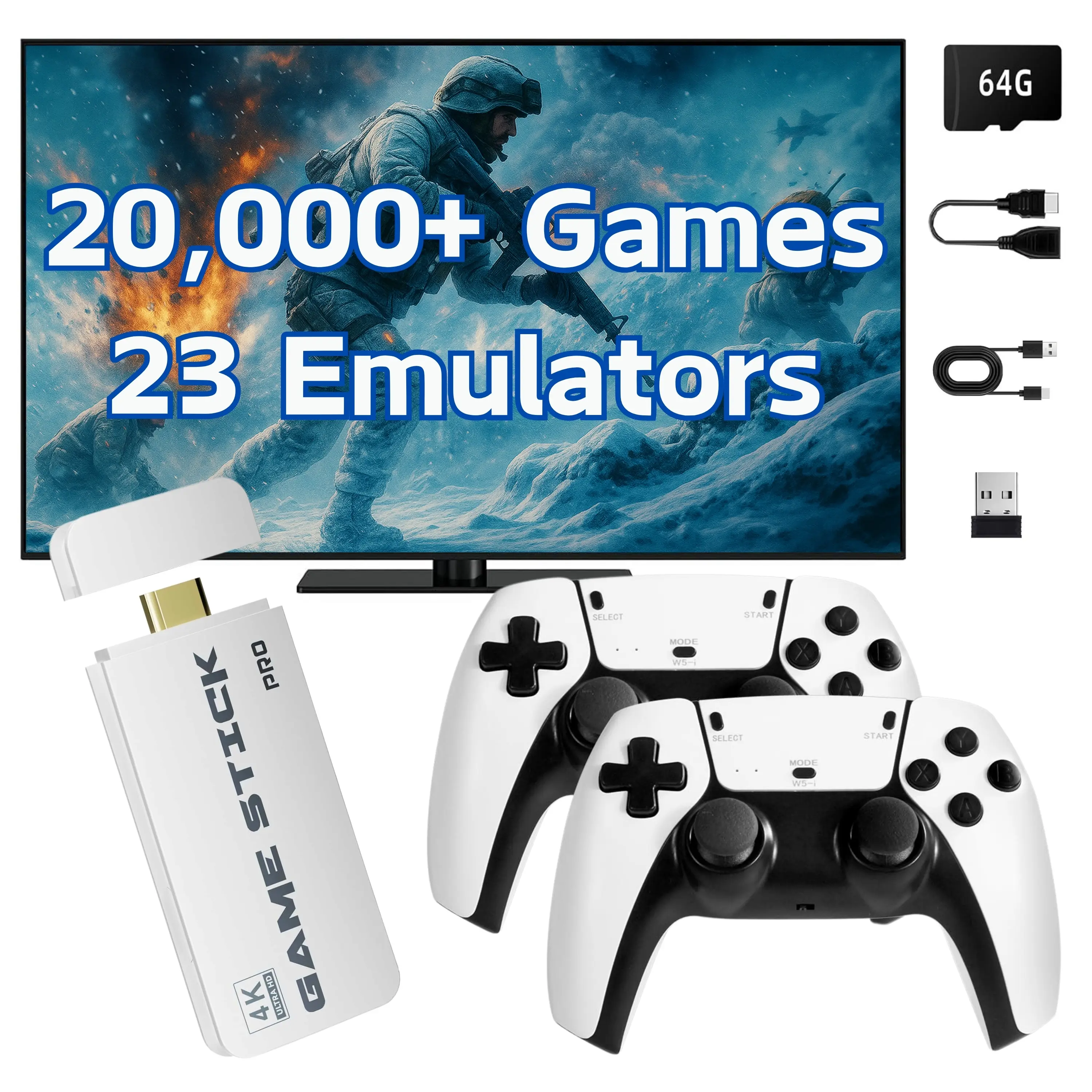 Retro Game Console, Pro Game Sticks, Includes Multiple Classic Games, 64GB, 23 Emulators, HDMI Plug & Play, With Dual 2.4GHz Wireless Controllers, Perfect Gift for Kids & Adults