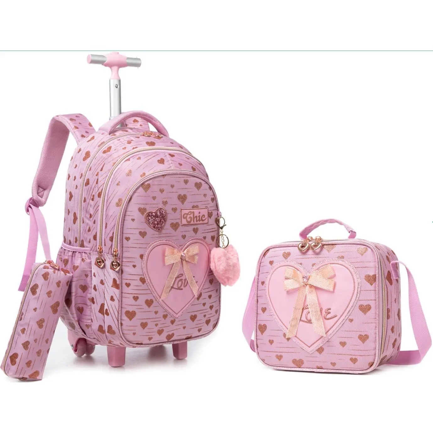 Chic Pink Gold Heart 3-in-1 Rolling Backpack Set for Girls – Child Sized, Girl-Themed Graphic, Multi-Functional, School Style Backpack + Lunch Bag + Pencil Pouch, Elegant Back to School Essentials,  Girl-Themed Graphic Backpacks large capacity school bag