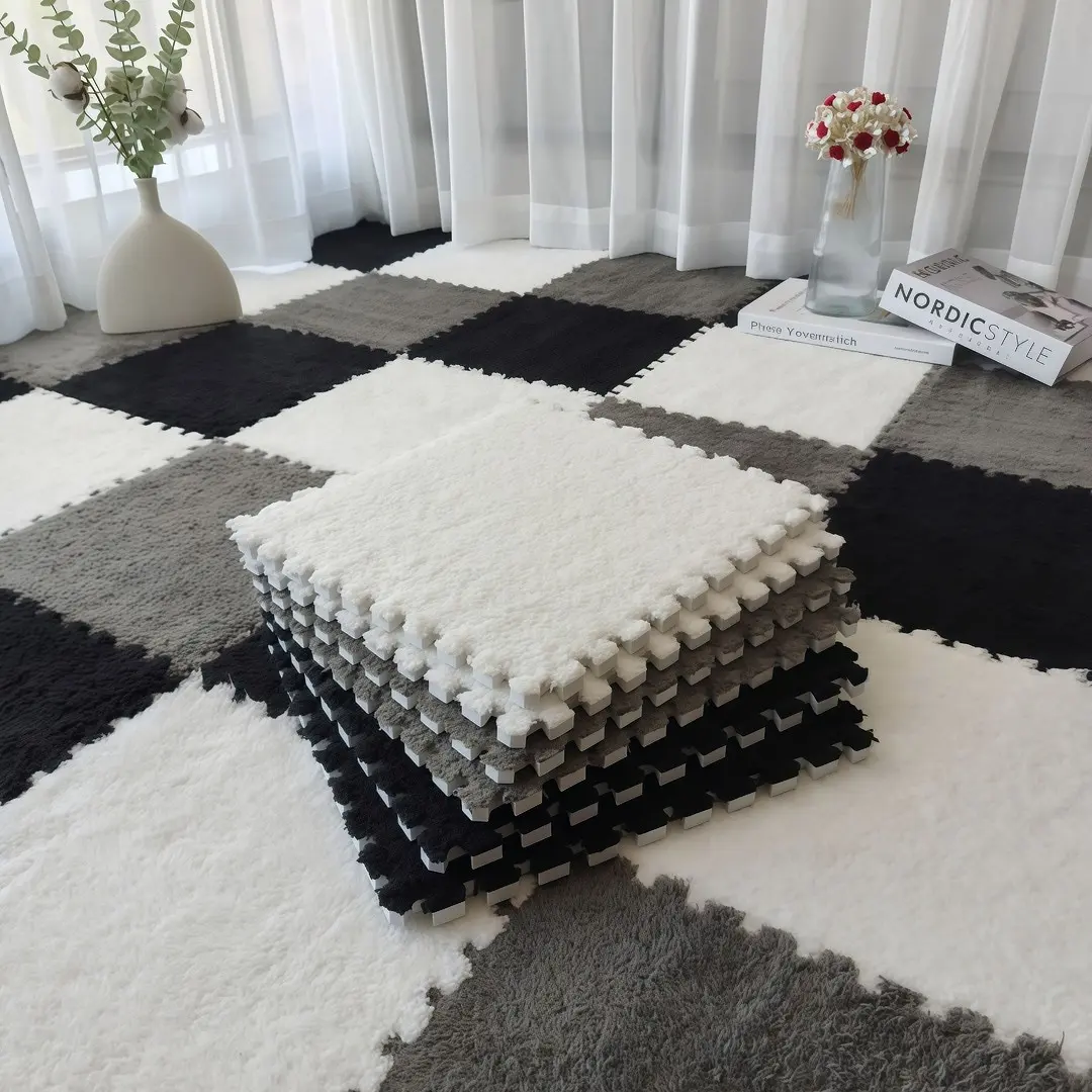 12 Pack Plush Foam Floor Mat Square Interlocking Carpet Tiles with Border Fluffy Play Mat Floor Tiles Soft Climbing for Bedroom Playroom, Home Decor Rugs, Interlocking Floor Mats