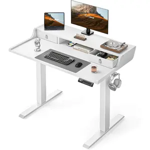Electric Standing Desk with Drawers, 40″ x 24″ Gaming Desk with Monitor Stand, C-Clamp Mount Compatible, Home Office Height-Adjustable Desk with Storage Shelf, 4 Preset Heights, White, EGESD35W