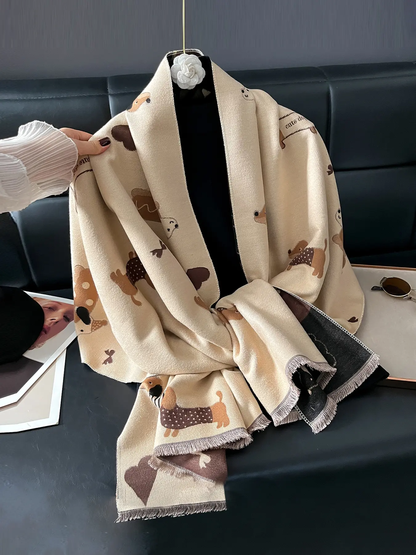 Women's Dog Pattern Fringe Scarf, Warm & Comfortable Fall Winter Accessory, Fashionable Boho Style for Women & Girls