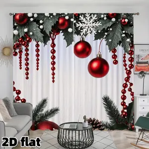 2D Flat 2Pcs Christmas Window Curtains, Red Ornament Balls Print, White Snowflake Pattern, Pine Cone Design, Polyester Rod Pocket, Semi-Sheer Light Filtering, Holiday Theme Room Decor, Living Bedroom Treatment, Window Decorations Supplies