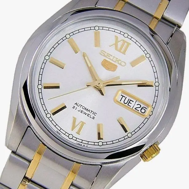 Seiko Automatic Watch with Gold Accents and 21 Jewels - White Dial and Date Display - SNK509